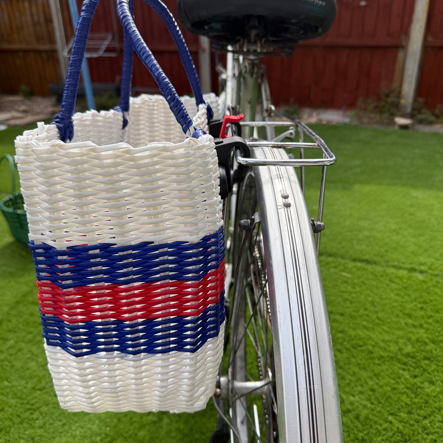 Bicycle Pannier recycled white blue red plastic woven basket tote bag