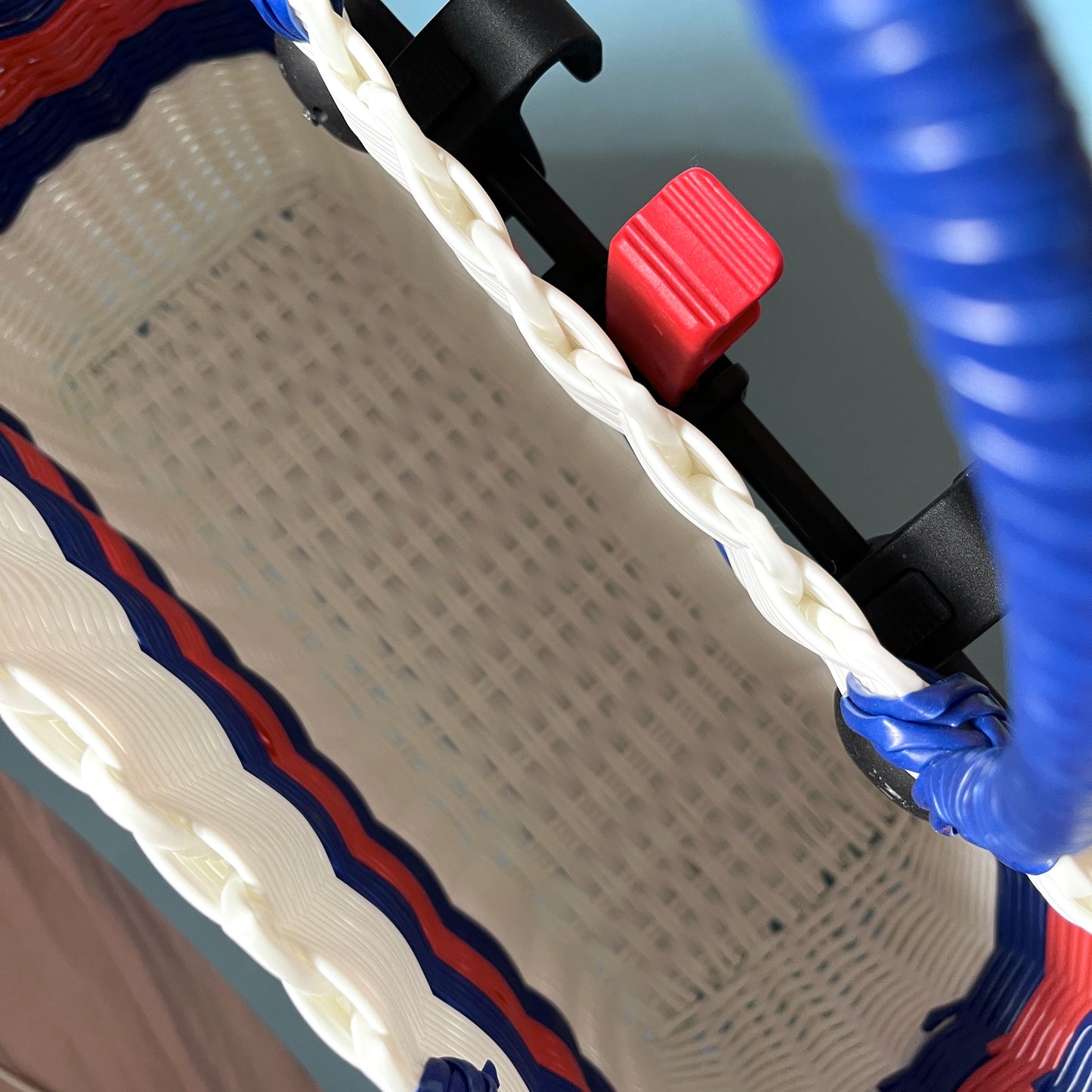 Bicycle Pannier recycled white blue red plastic woven basket tote bag