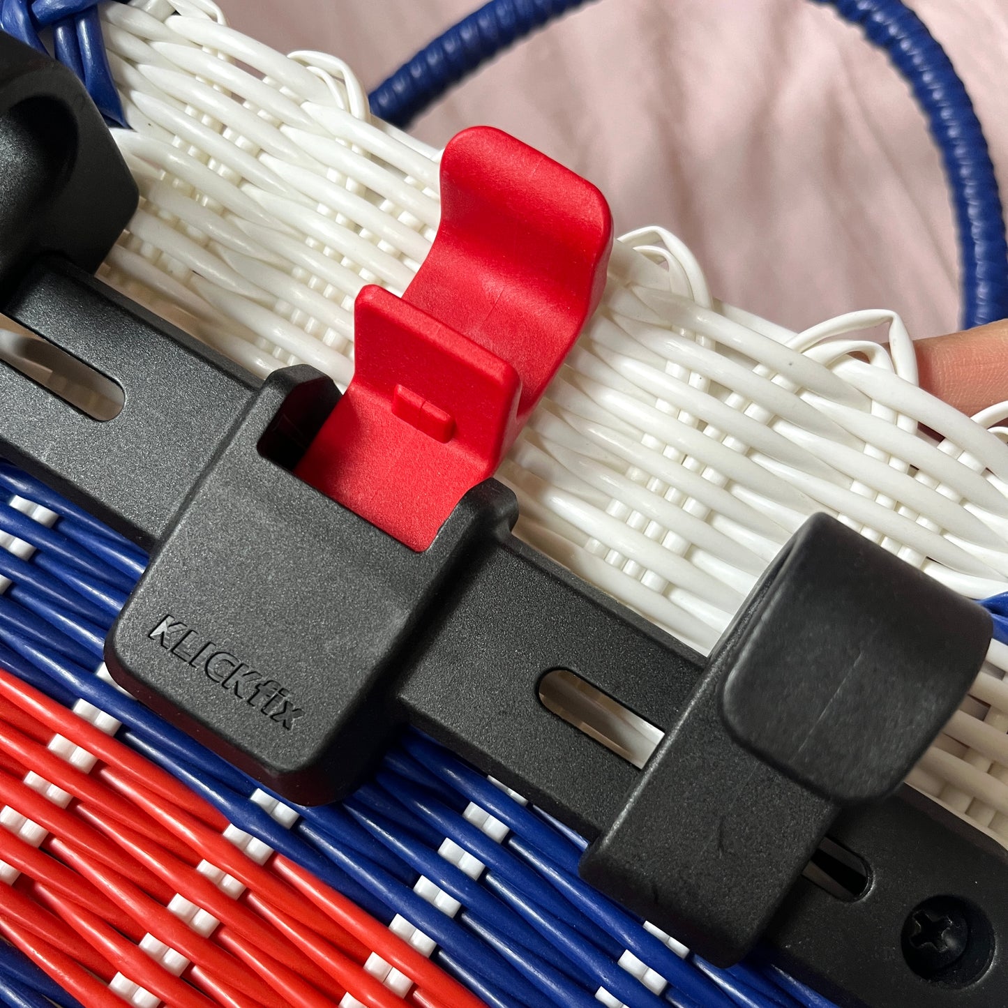 Bicycle Pannier recycled white blue red plastic woven basket tote bag