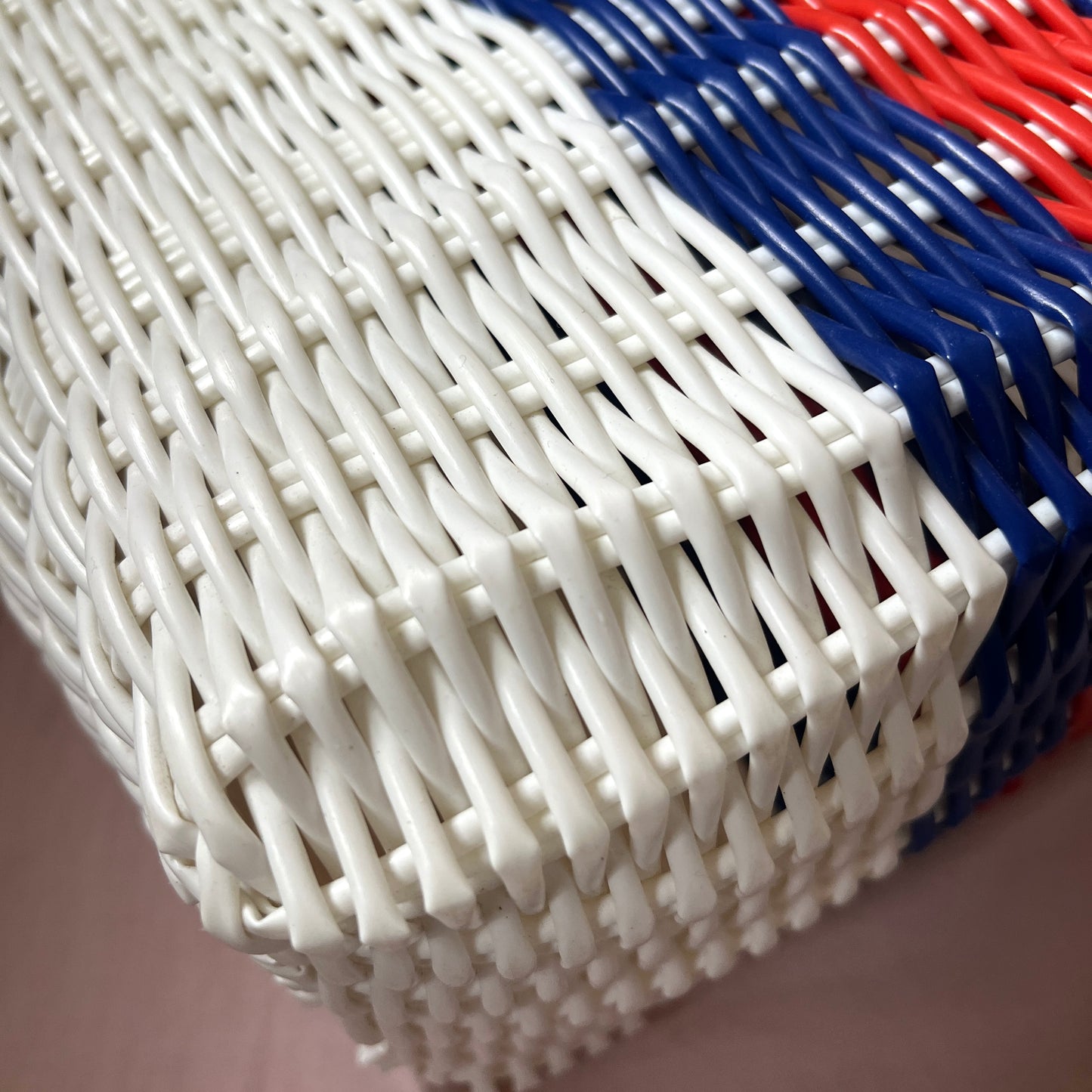 Bicycle Pannier recycled white blue red plastic woven basket tote bag
