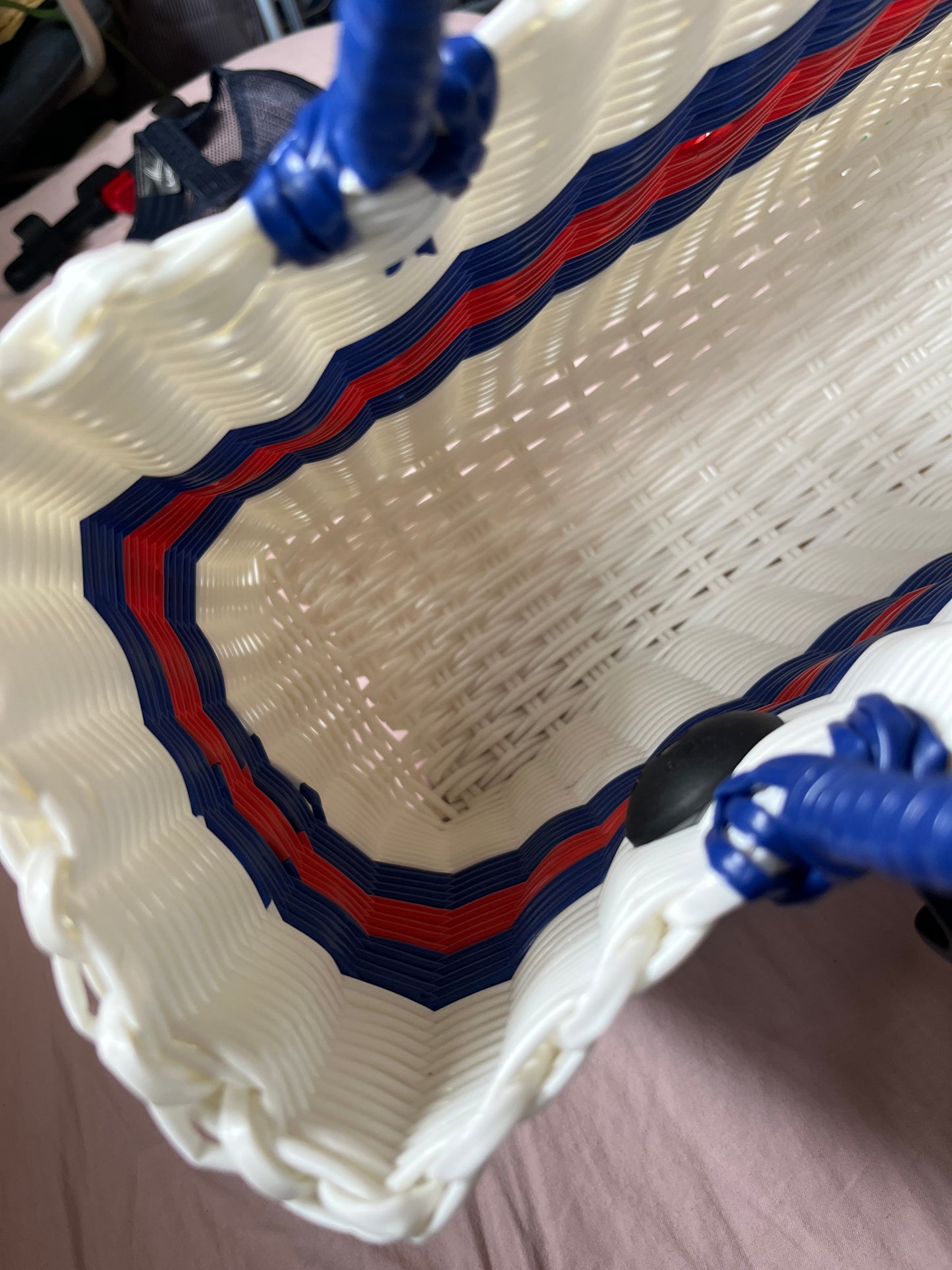 Bicycle Pannier recycled white blue red plastic woven basket tote bag