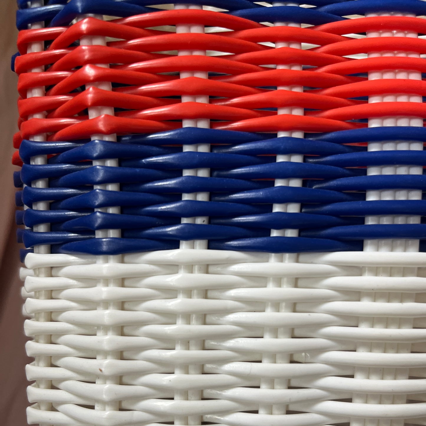 Bicycle Pannier recycled white blue red plastic woven basket tote bag