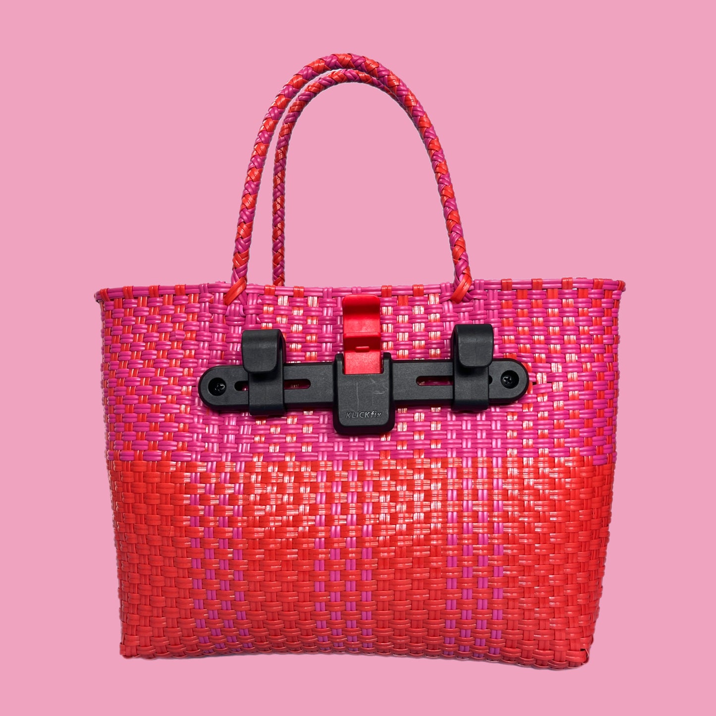 Bicycle Pannier recycled red & pink plastic woven basket tote bag