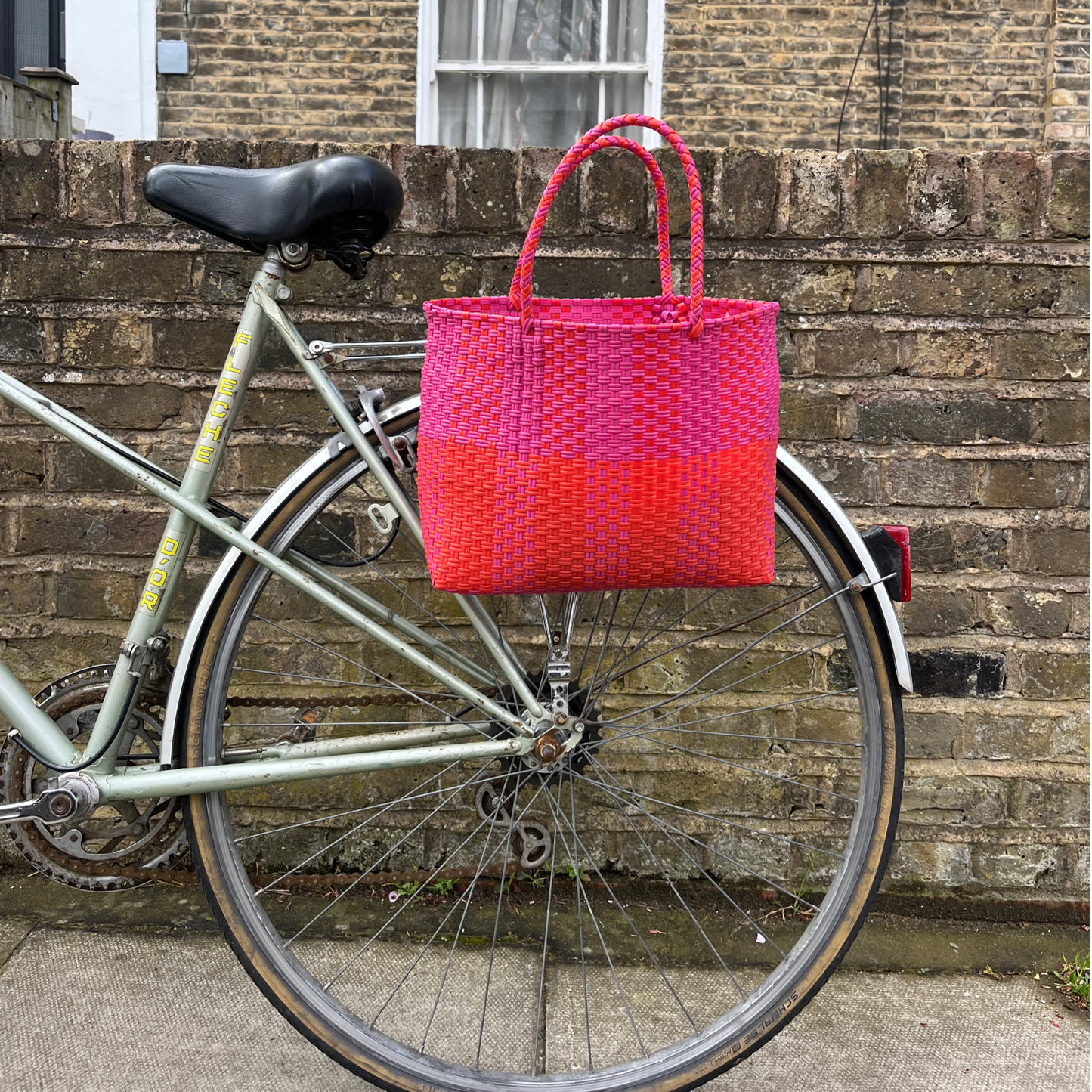 Bicycle Pannier recycled red & pink plastic woven basket tote bag