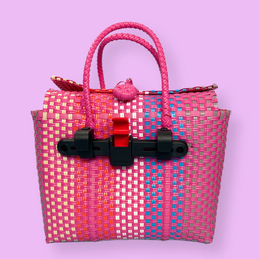 Small Bicycle Pannier recycle pink multi plastic woven basket tote bags