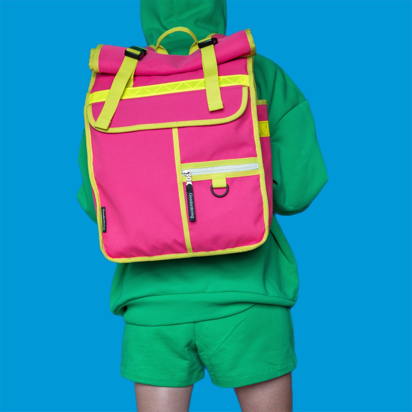 Neon pink rolltop backpack pannier bike bag