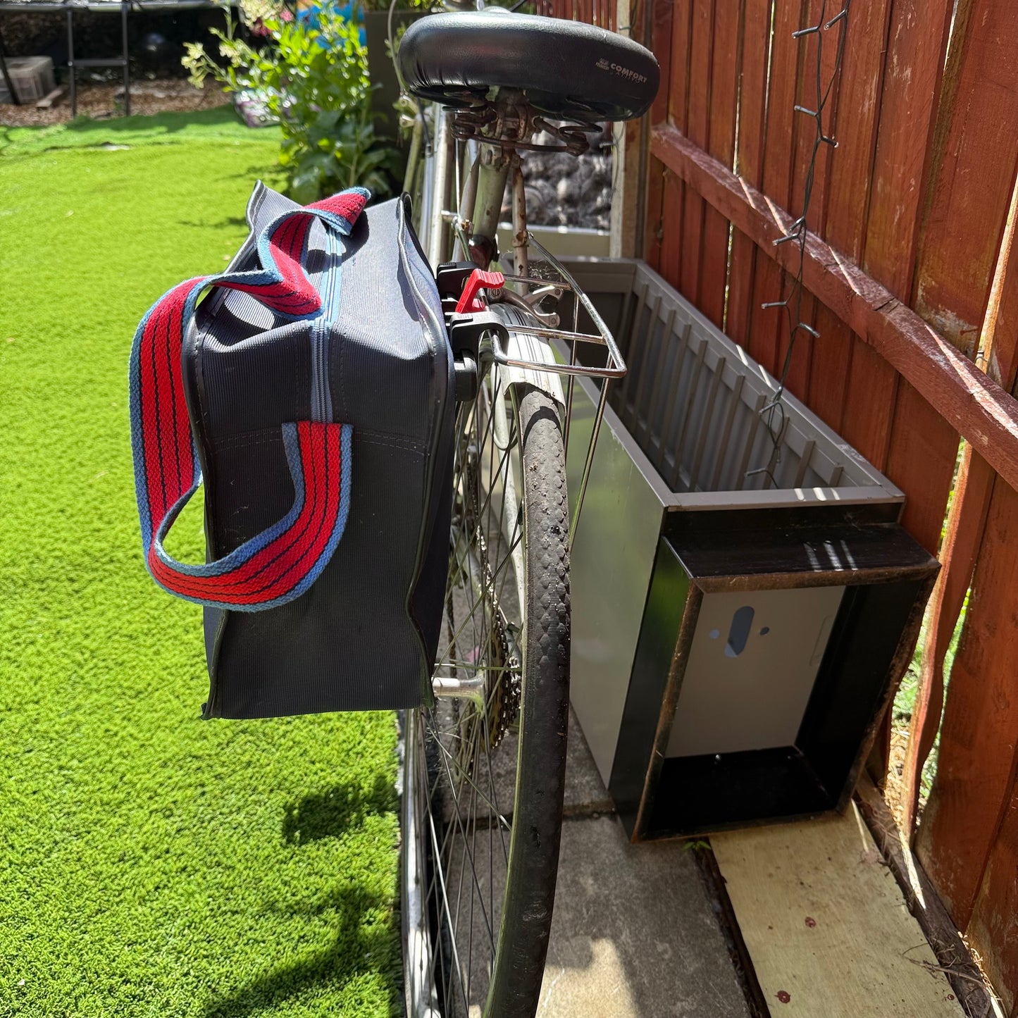 Navy vintage adidas bike bag with Rixen & Kaul pannier hardware
