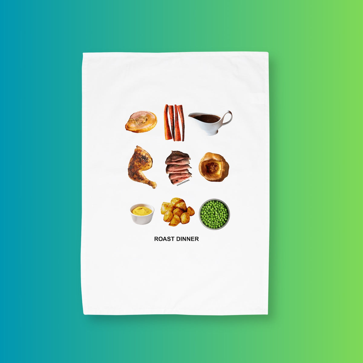 Sunday roast tea towel in a British kitchen – quirky home gift