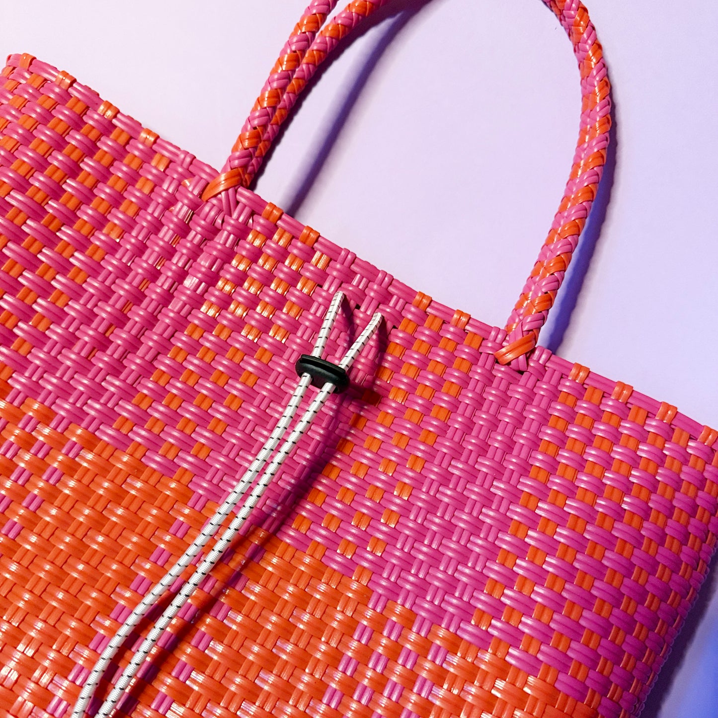 Bicycle Pannier recycled red & pink plastic woven basket tote bag