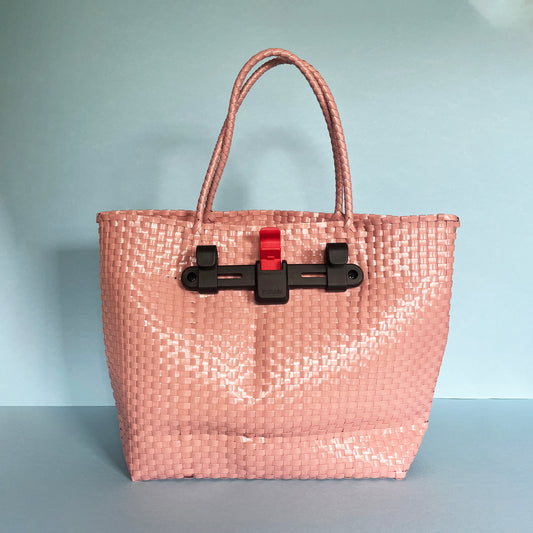 Bicycle Pannier recycled Dusty pink plastic woven basket tote bag with toggle closure
