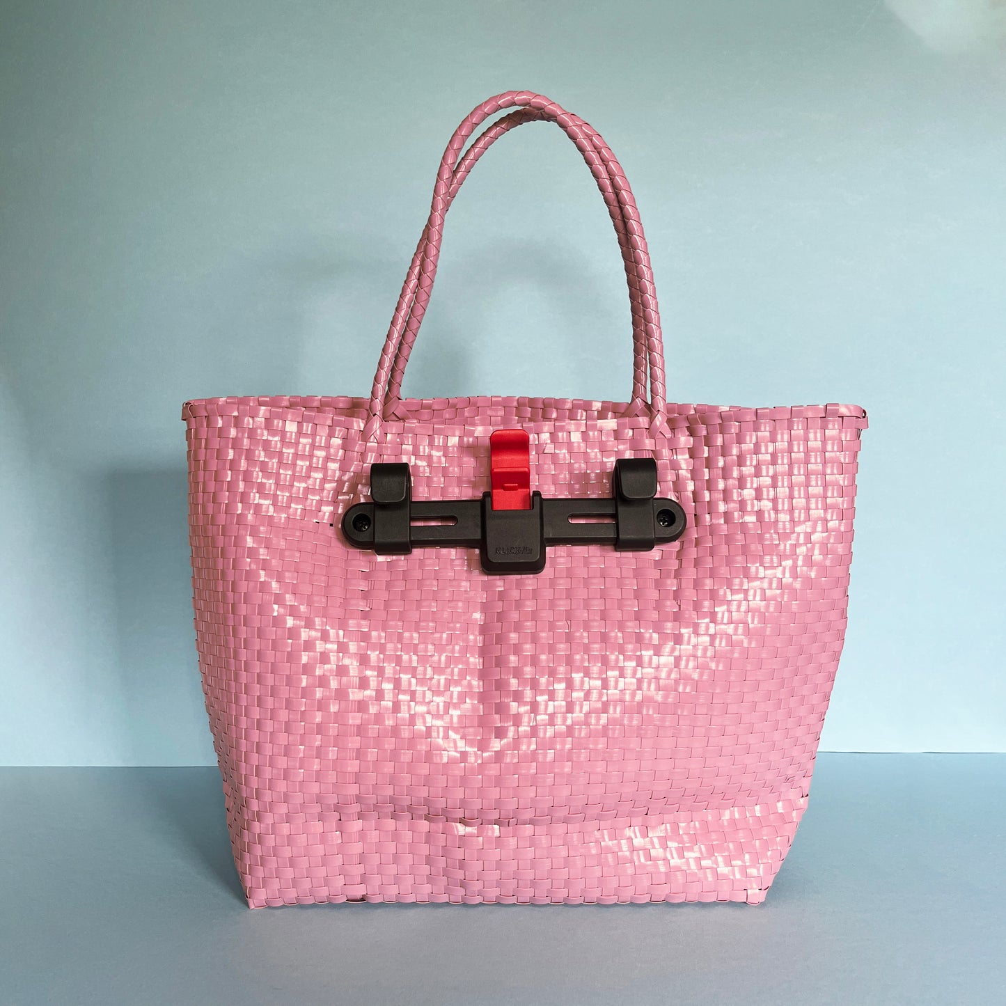 Bicycle Pannier recycled Pink plastic woven basket tote bag with toggle closure