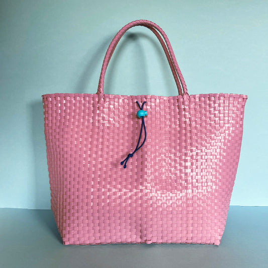 Bicycle Pannier recycled Pink plastic woven basket tote bag with toggle closure