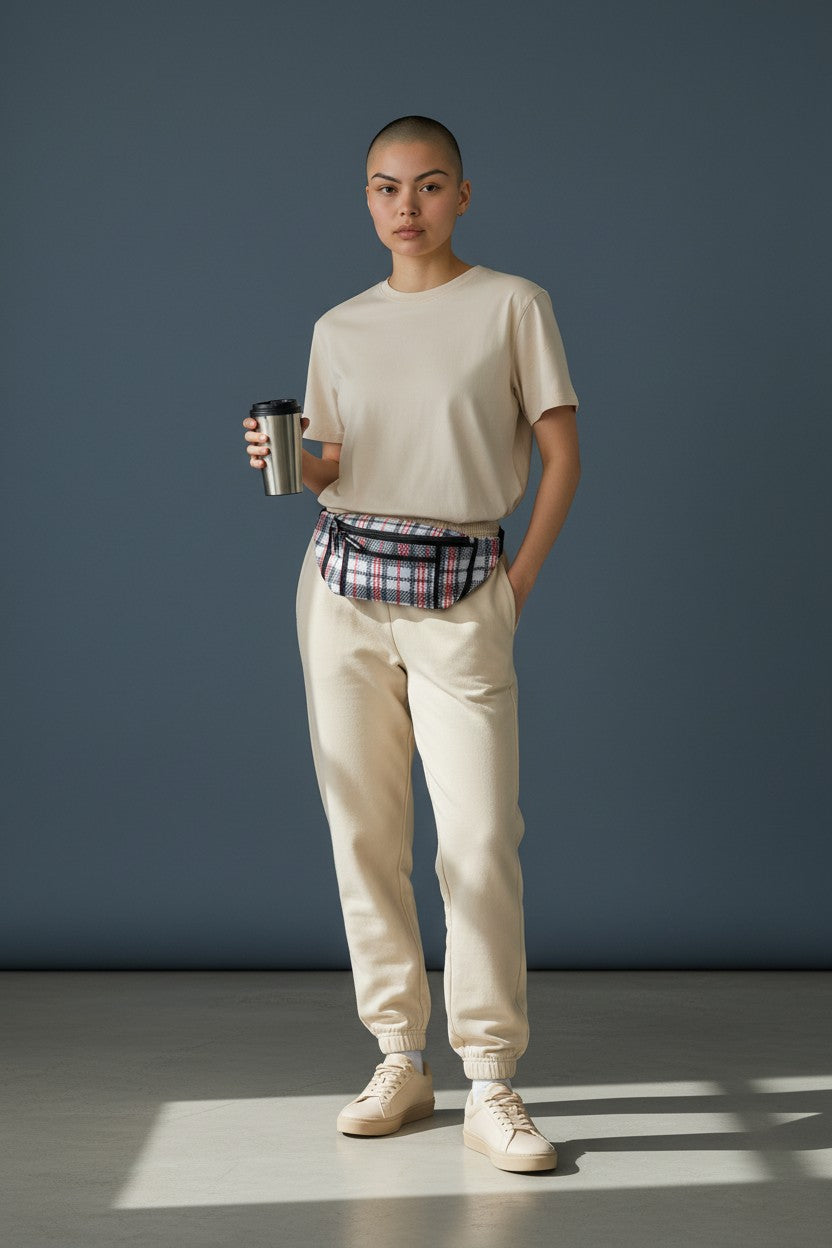 Tartan waist bag recycled nylon sling bag with clear pocket anti-theft