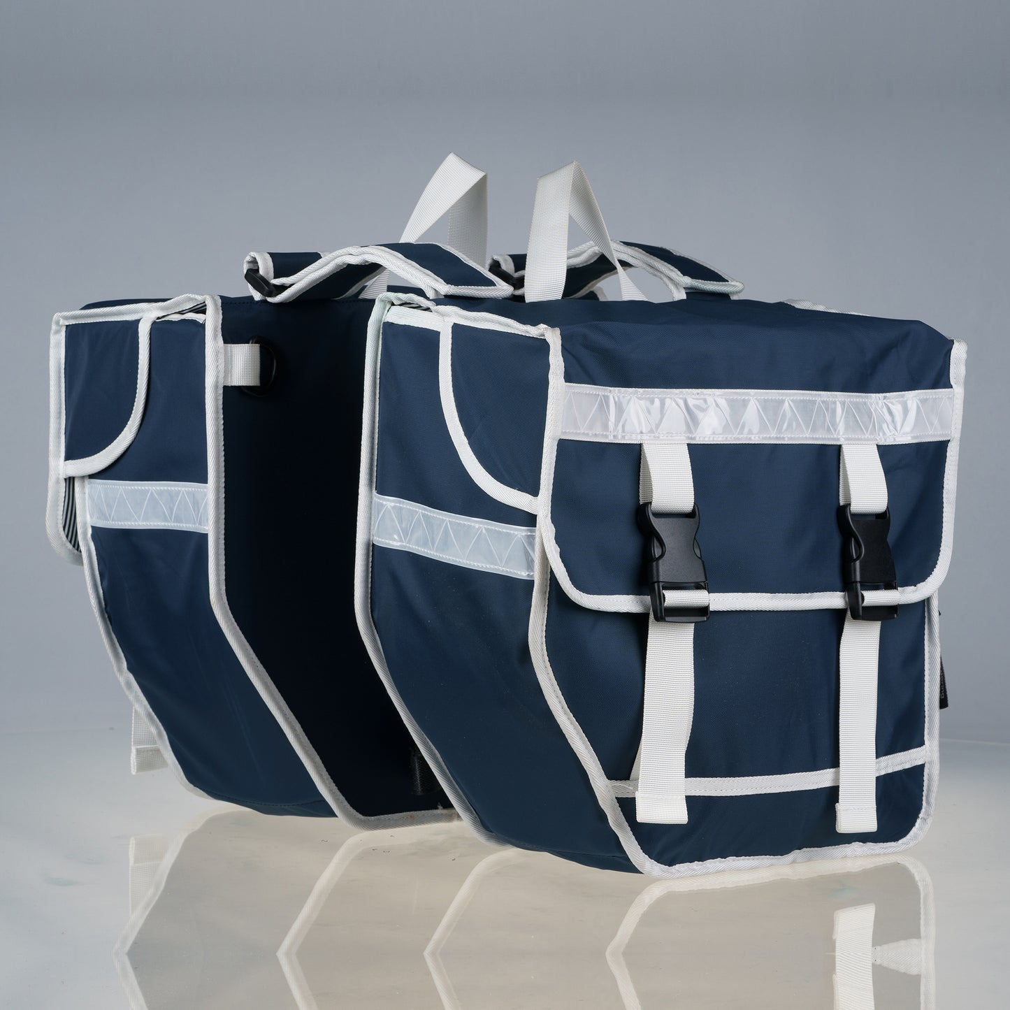 Double pannier bicycle bag navy blue and white