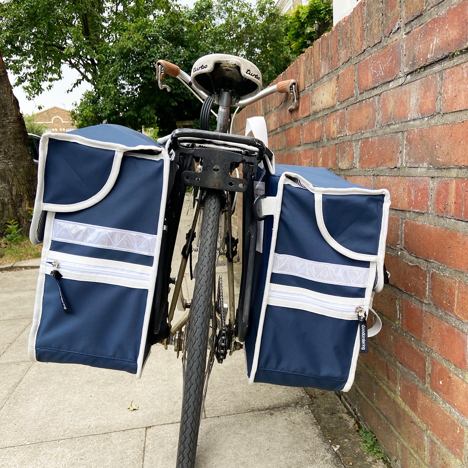 Double pannier bicycle bag navy blue and white