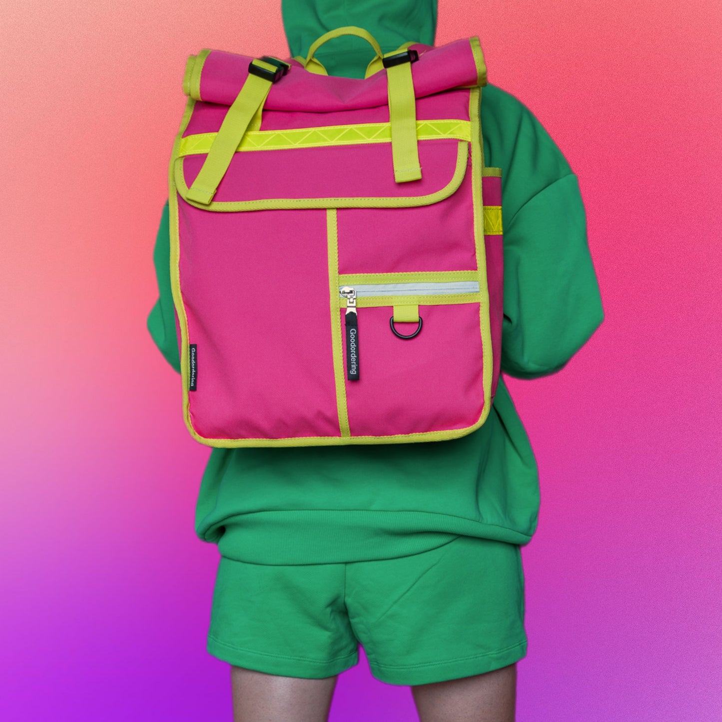 Neon pink rolltop backpack pannier bike bag