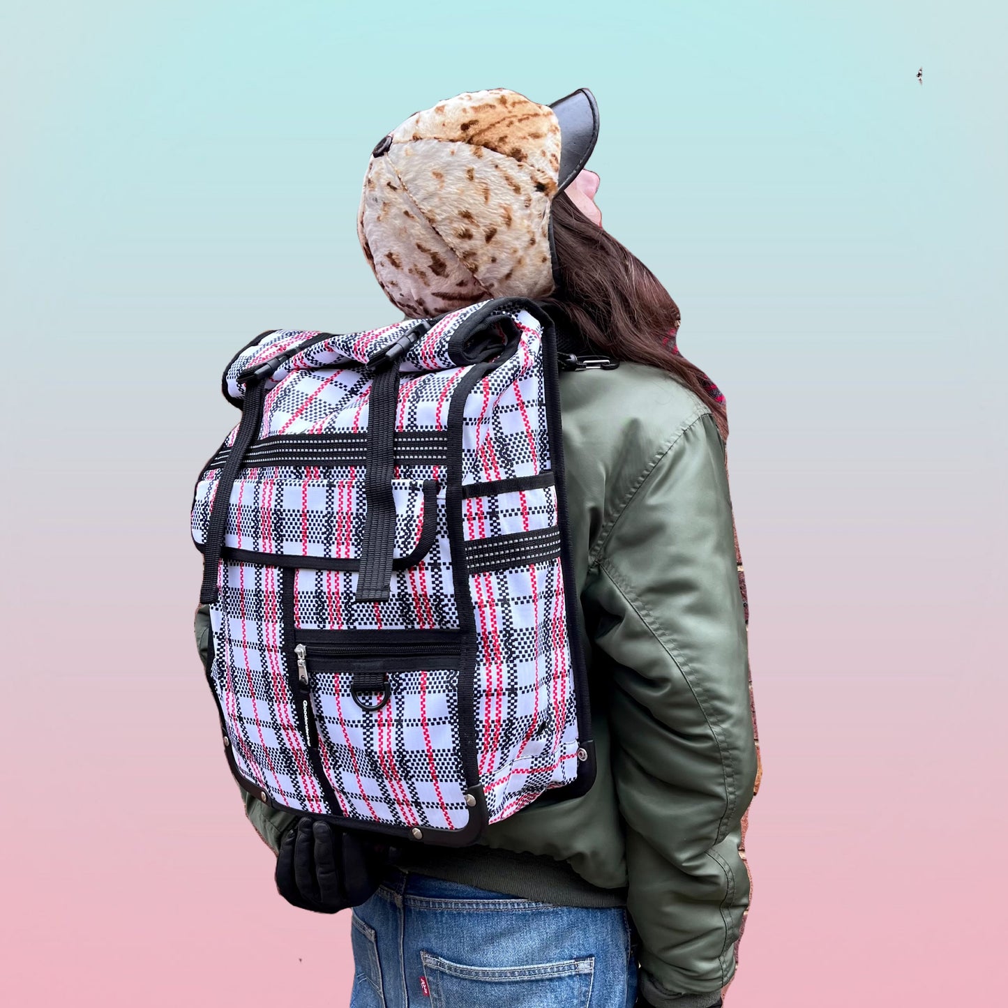 Tartan eco rolltop backpack & Pannier