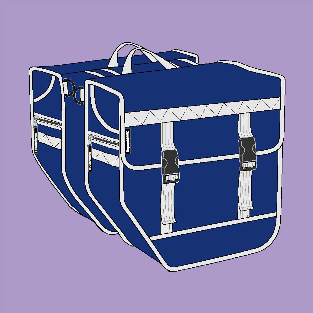 Double pannier bicycle bag navy blue and white