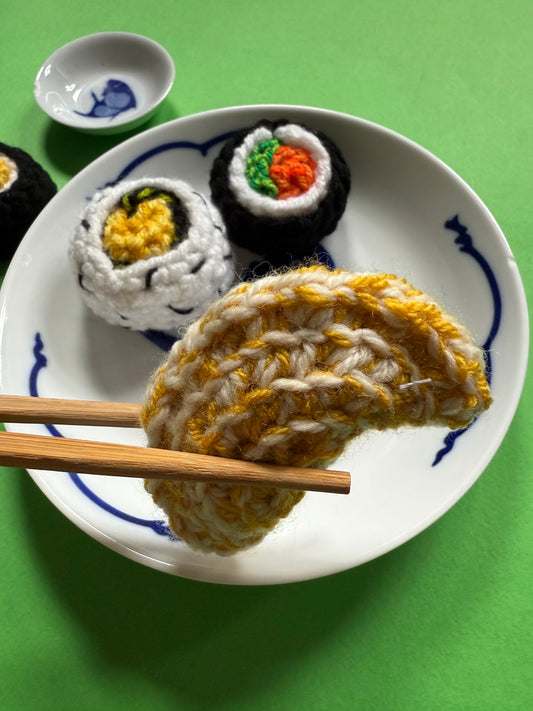 Crocheted sushi plushies