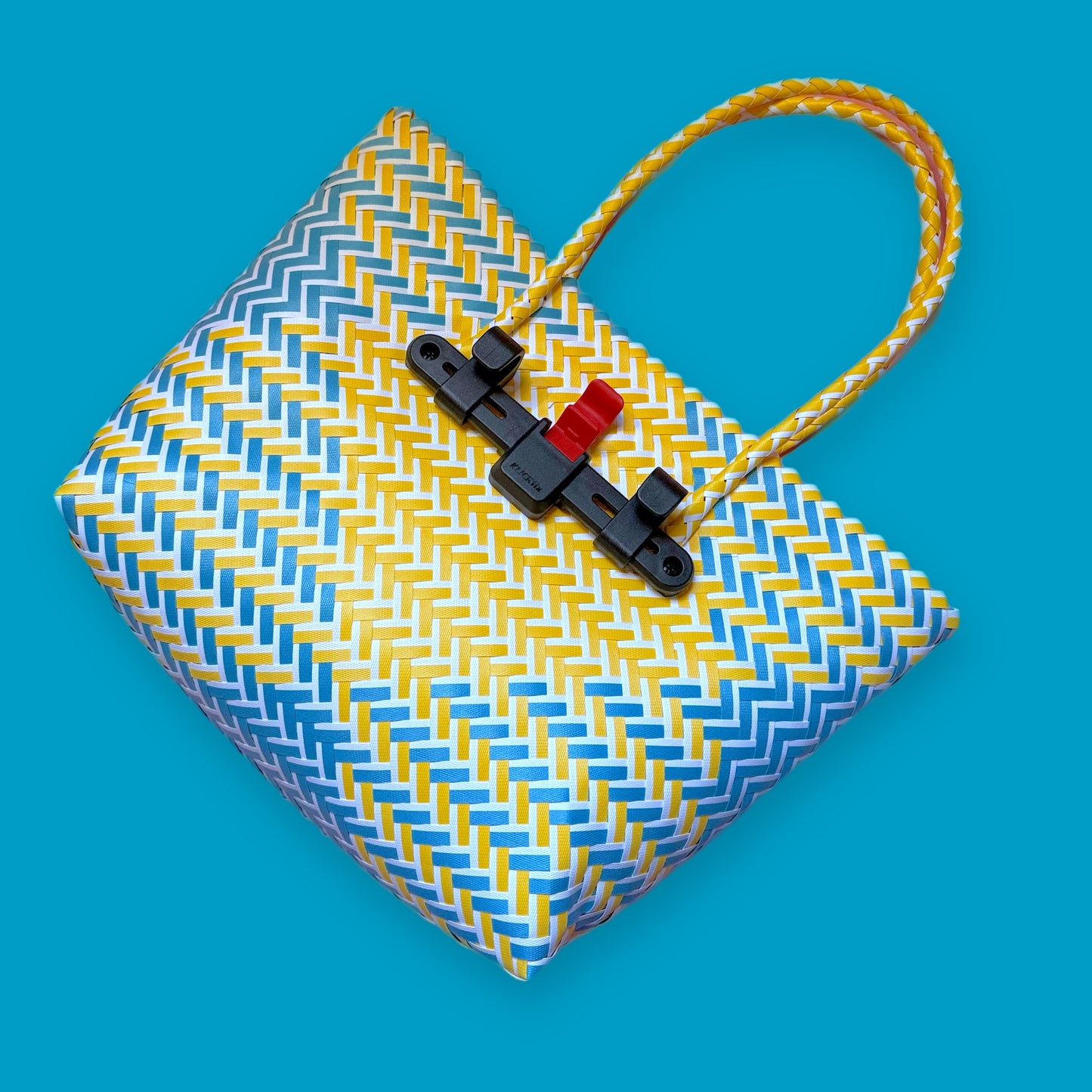 Bicycle Pannier blue & yellow plastic woven basket elastic toggle closure