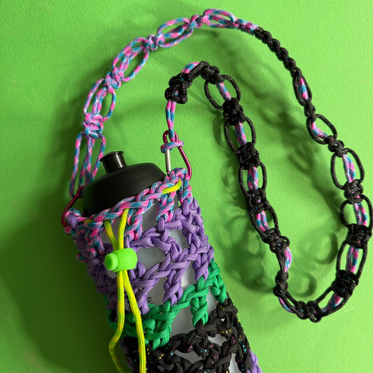 Crocheted paracord bottle bag purple multi