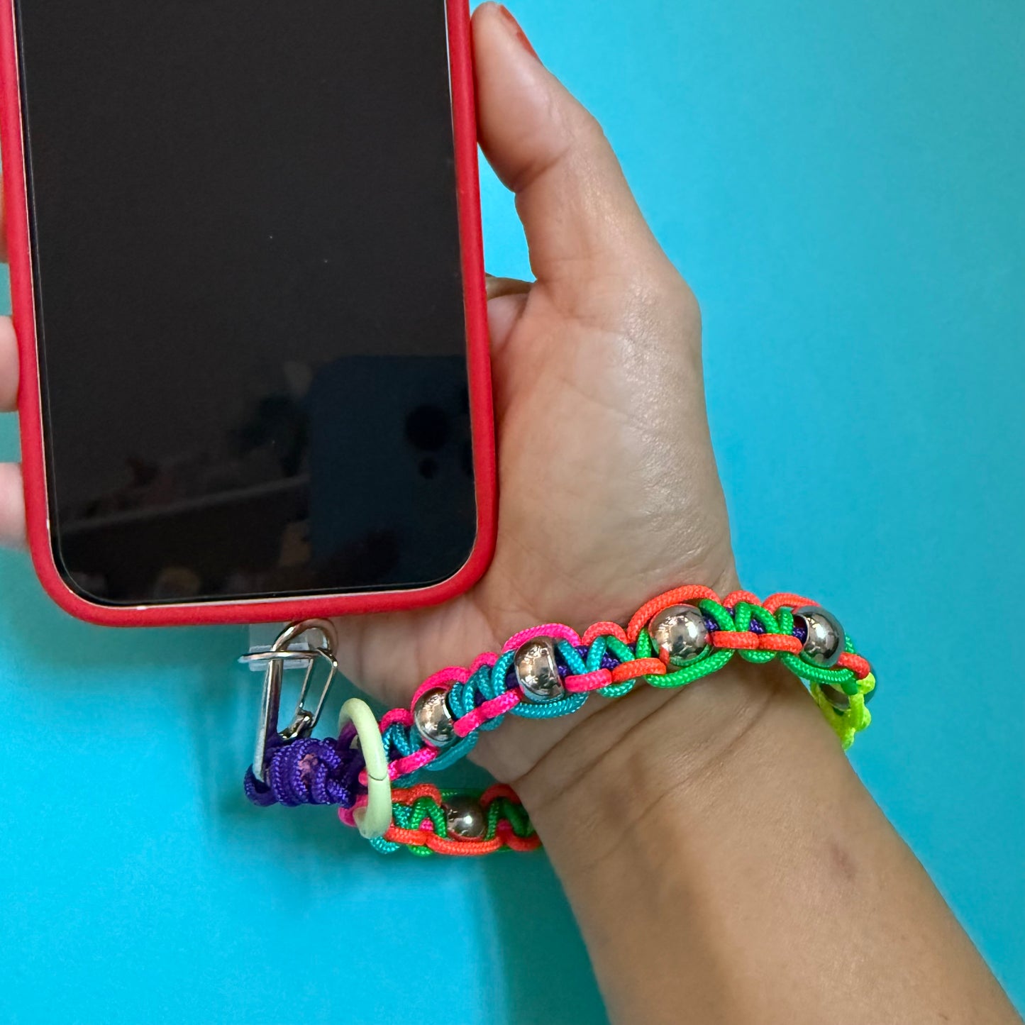 Rainbow cord and metal bead paracord wristlet phone strap