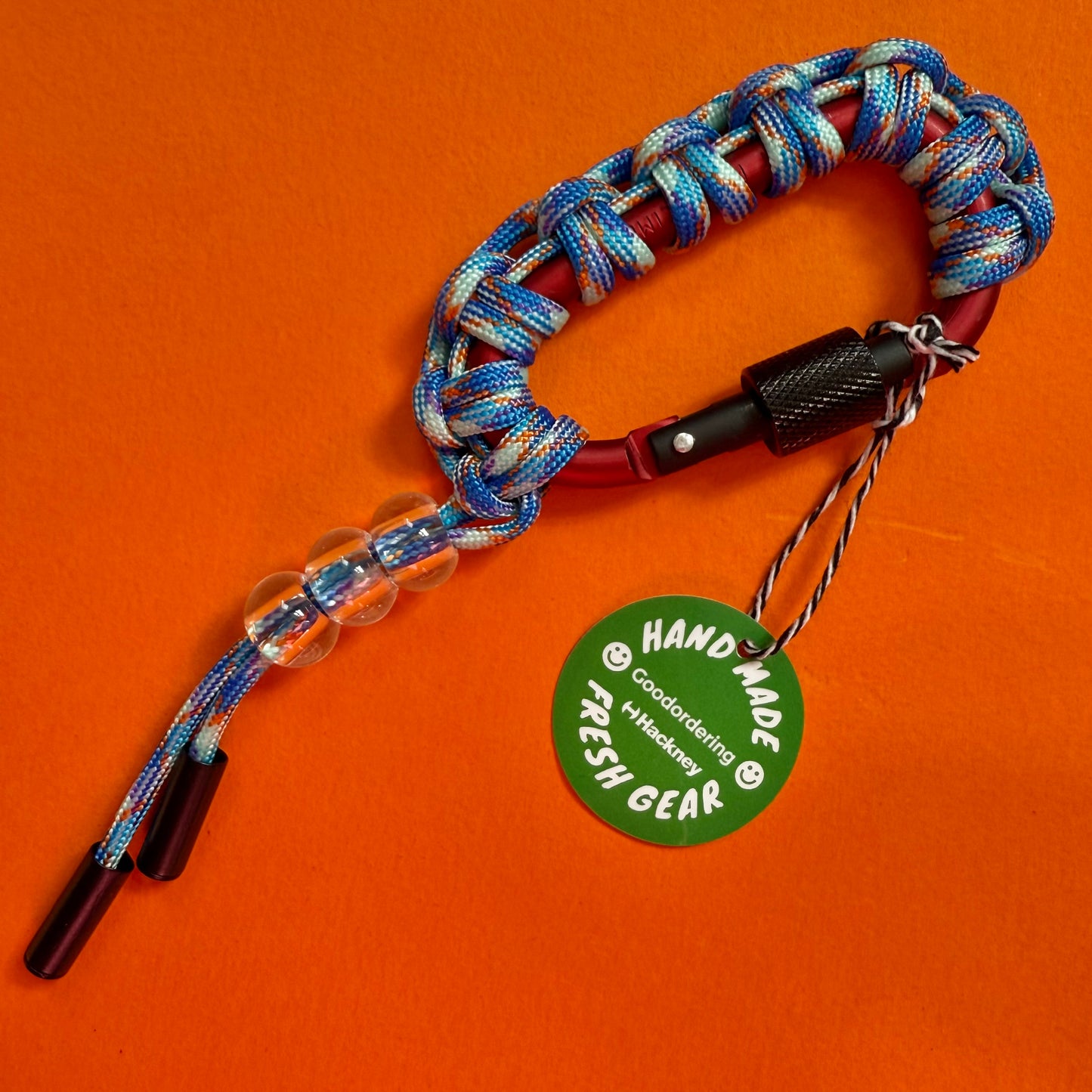 Paracord wrapped carabiner blue beaded