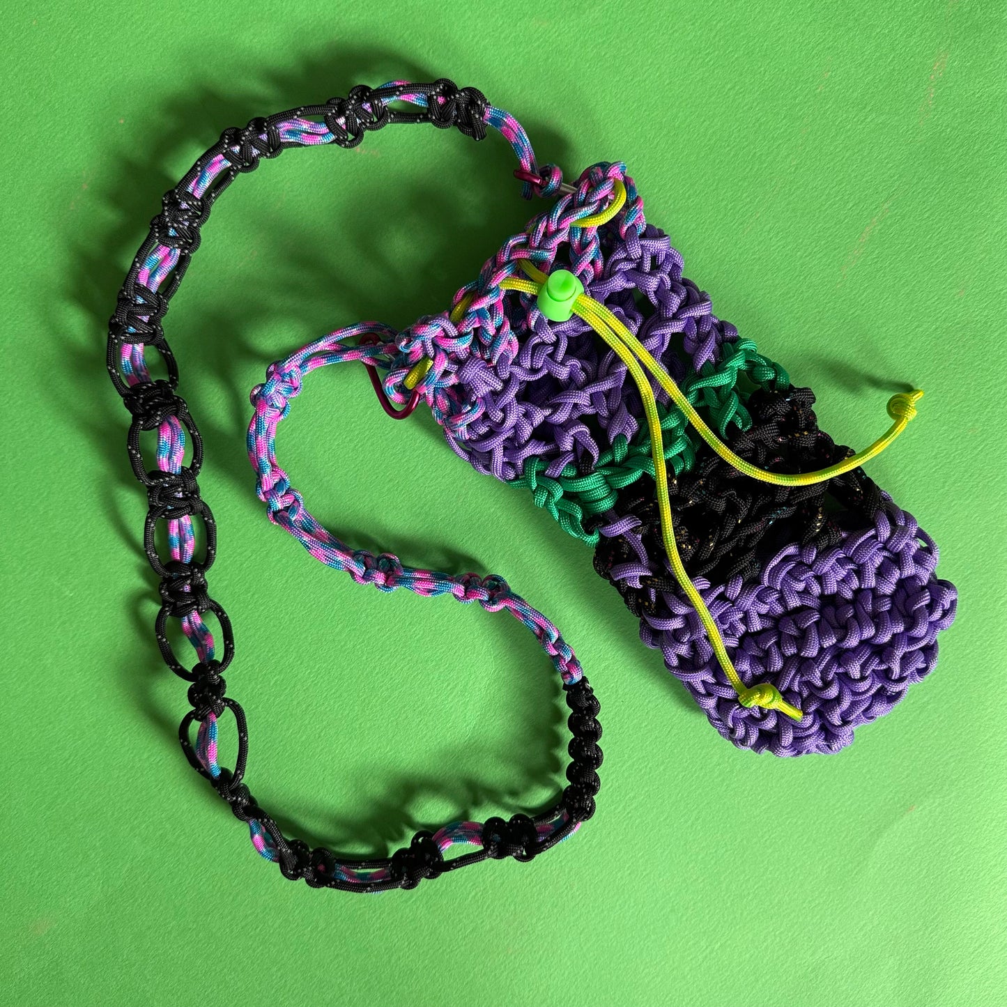 Crocheted paracord bottle bag purple multi