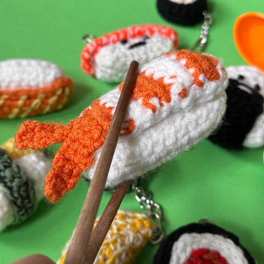 Hand crocheted sushi keyrings