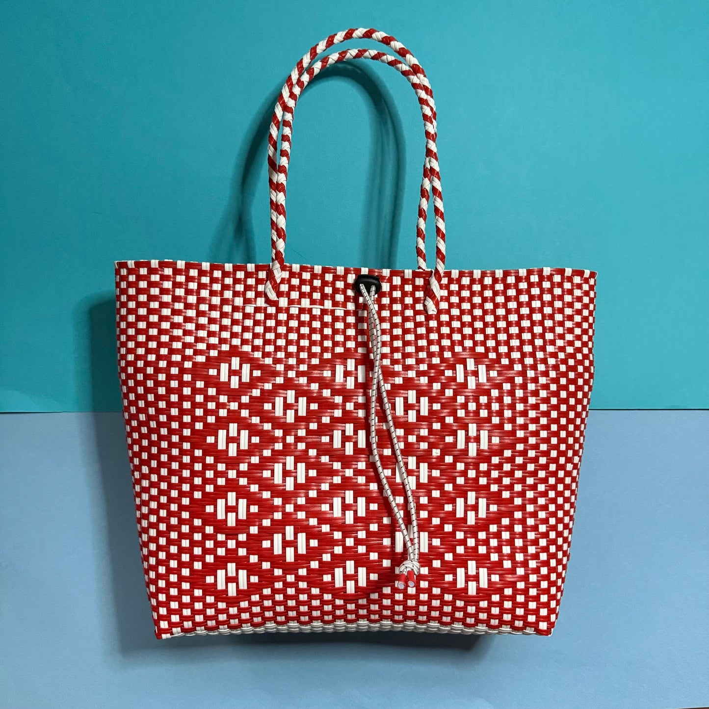 Bicycle Pannier recycled red white plastic woven basket tote ba