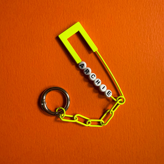 Personalised neon safety pin keyring charm