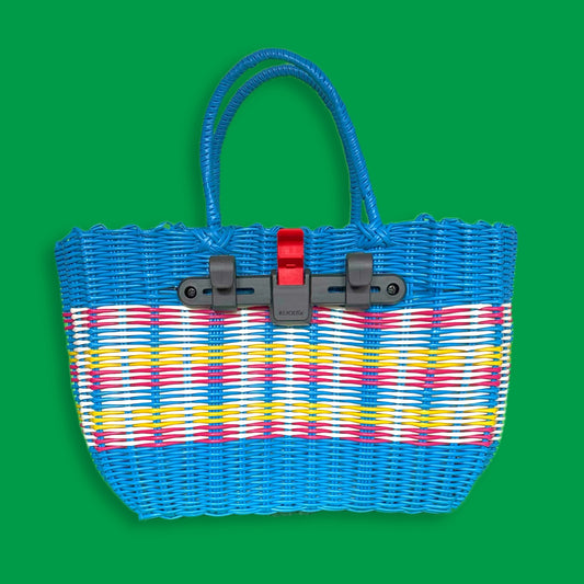 Blue woven bicycle pannier basket