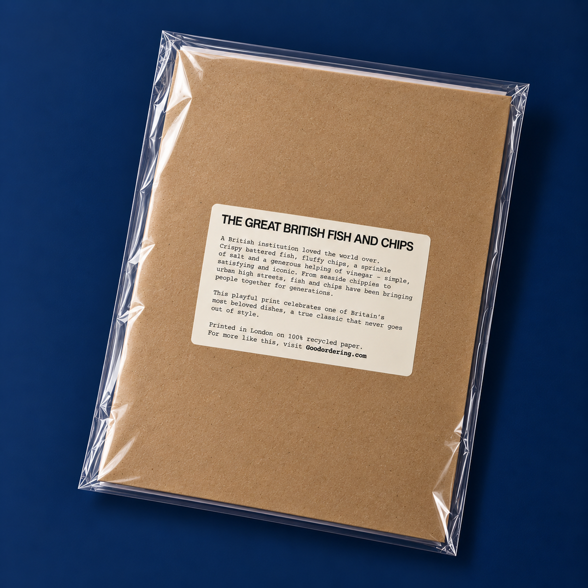 A3 Art print packaged in cellophane with fish and chips label on the back