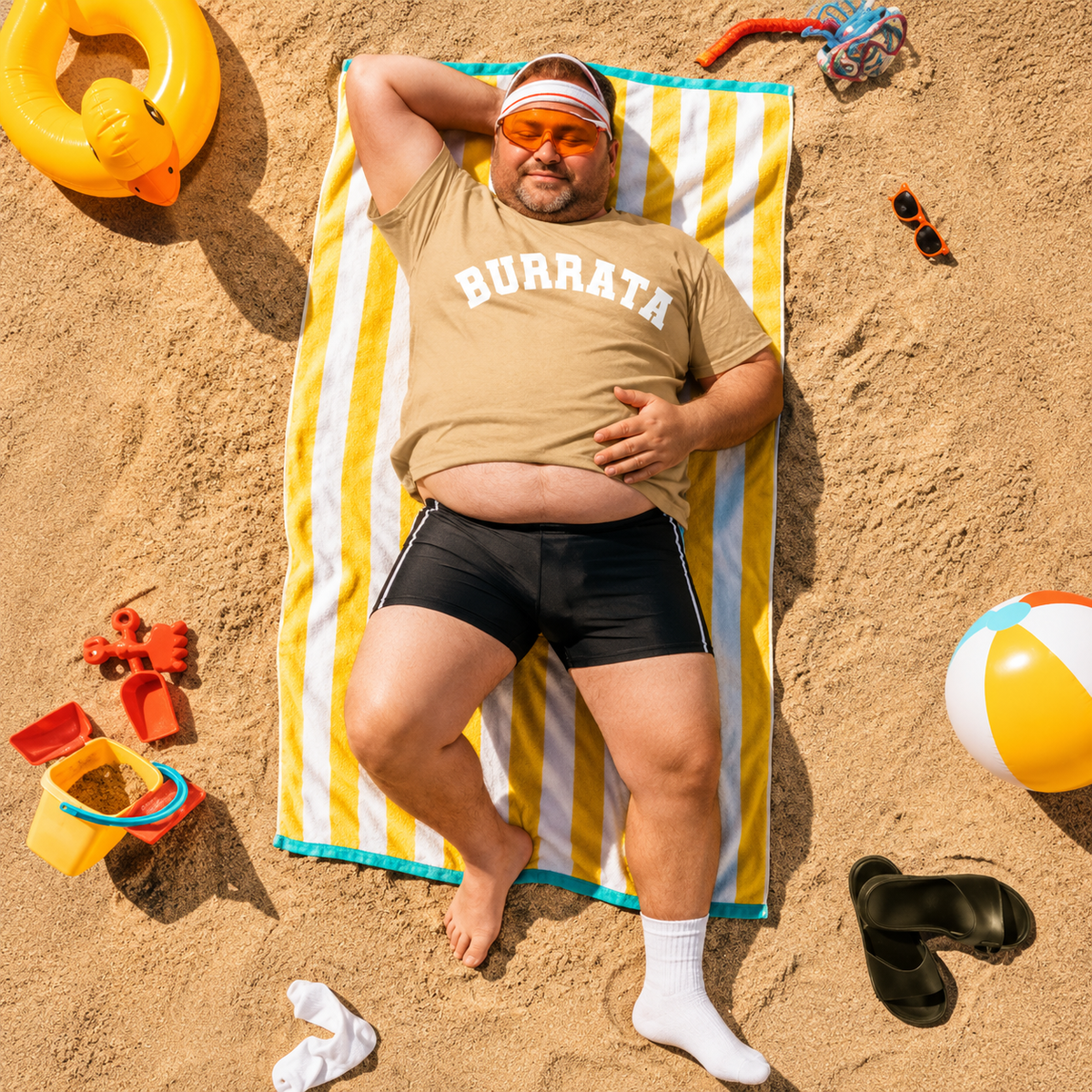 A man lies on a yellow and white striped beach towel on the sand, wearing a tan t-shirt with 'BURATA' printed across the chest, black swim trunks, white socks, and orange-tinted sunglasses. Beach toys and sandals are scattered around him.
