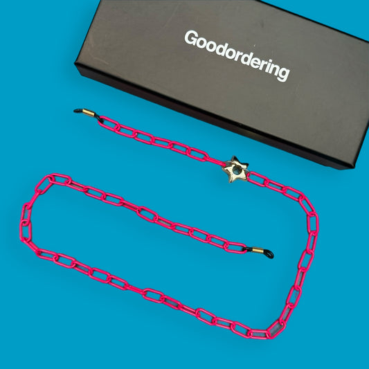 Glasses charm chain pink metal with brass star detail