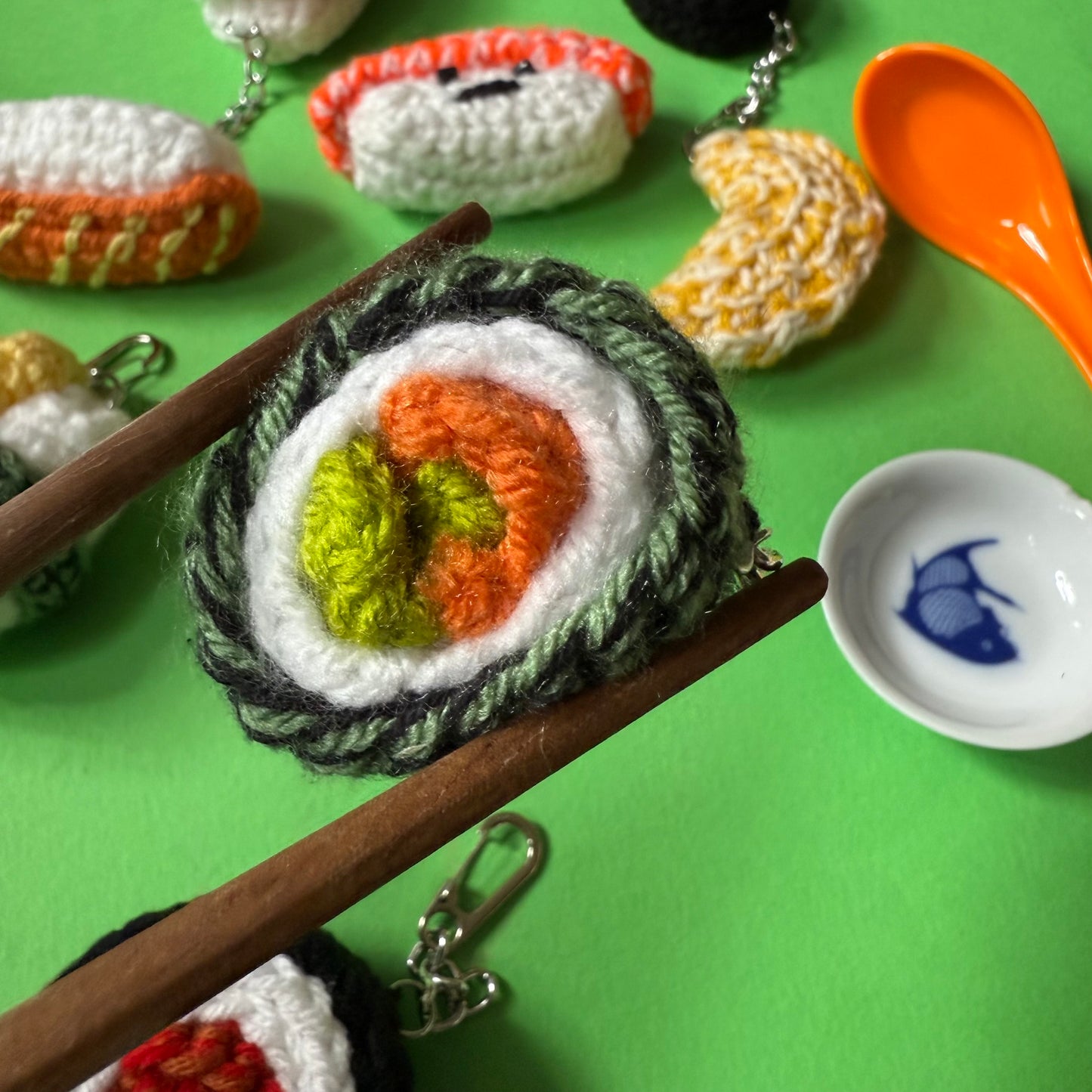 Hand crocheted sushi keyrings