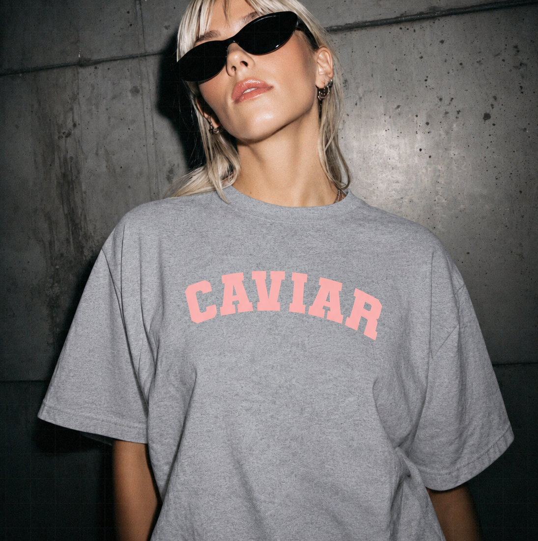 Caviar varsity tshirt goodordering foodie on model 