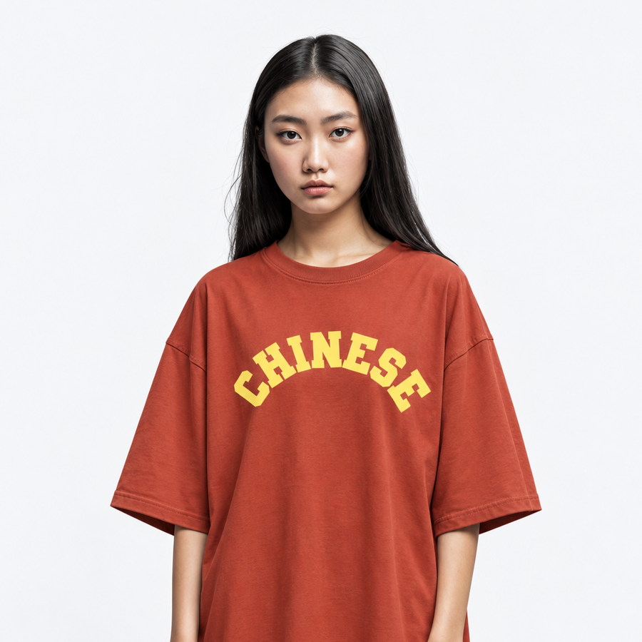Chinese_food varsity tshirt goodordering foodie oversized on a model