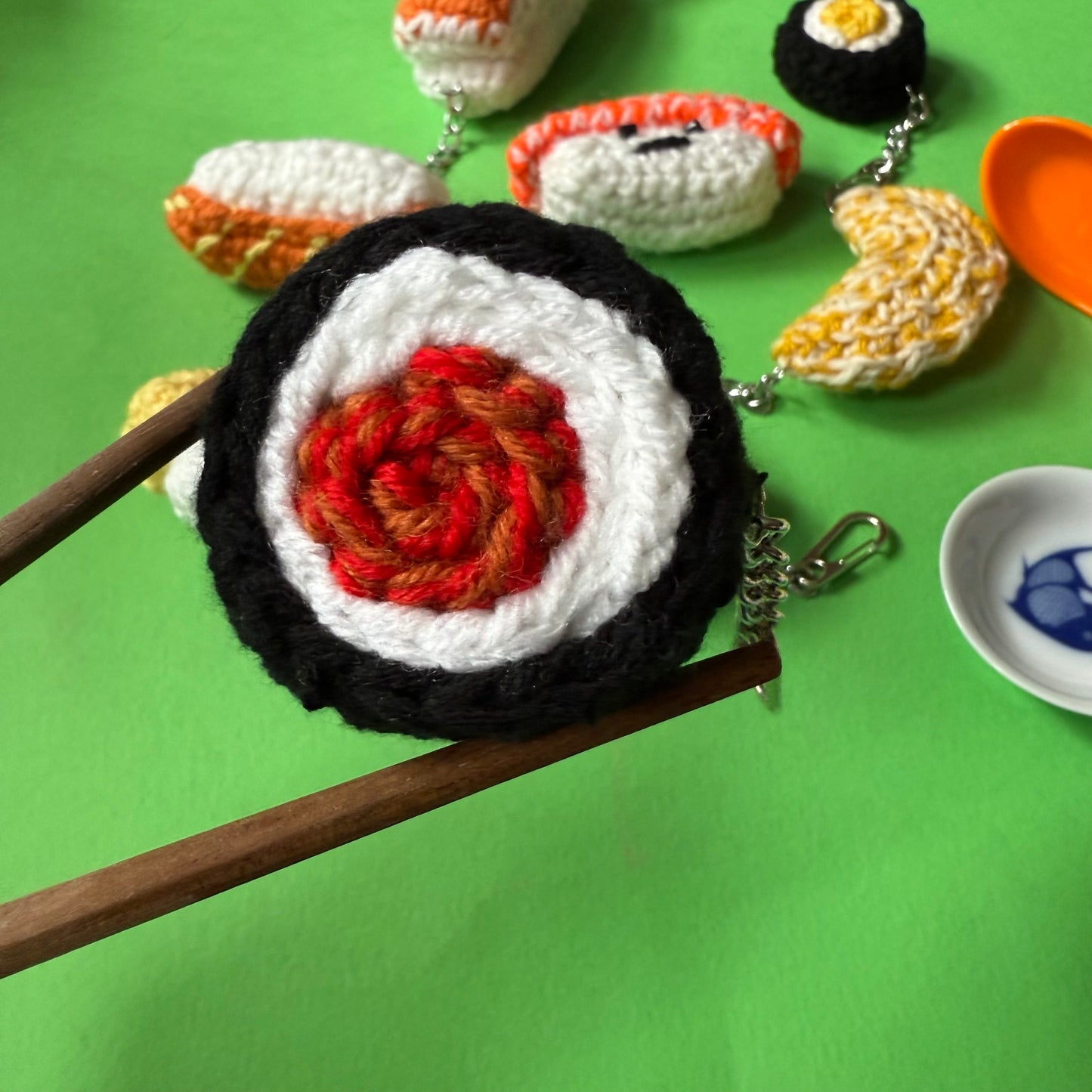 Hand crocheted sushi keyrings