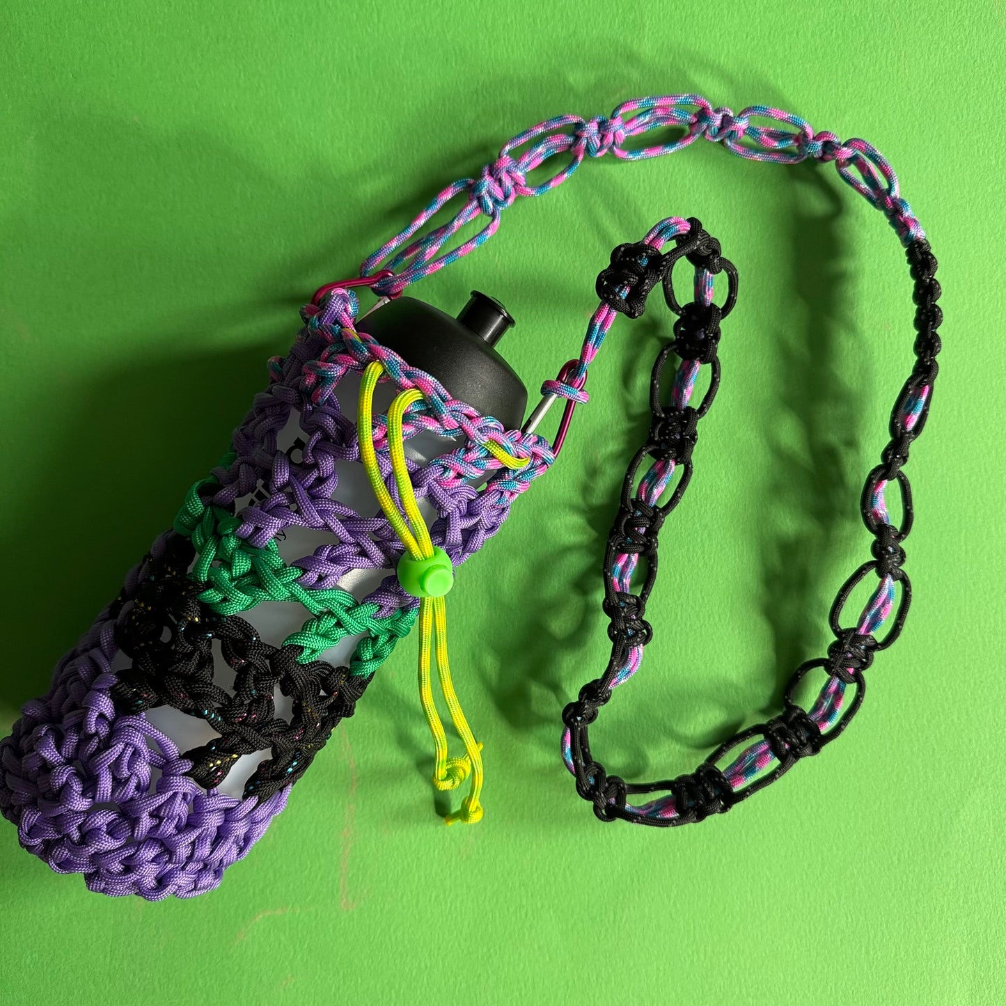 Crocheted paracord bottle bag purple multi