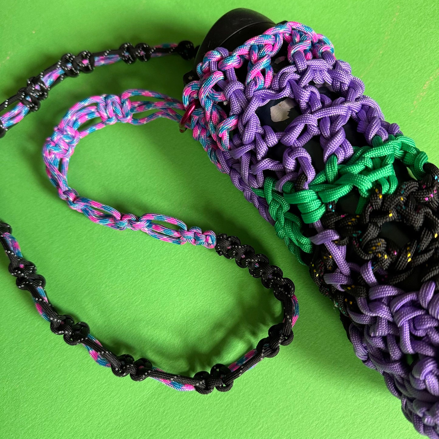 Crocheted paracord bottle bag purple multi