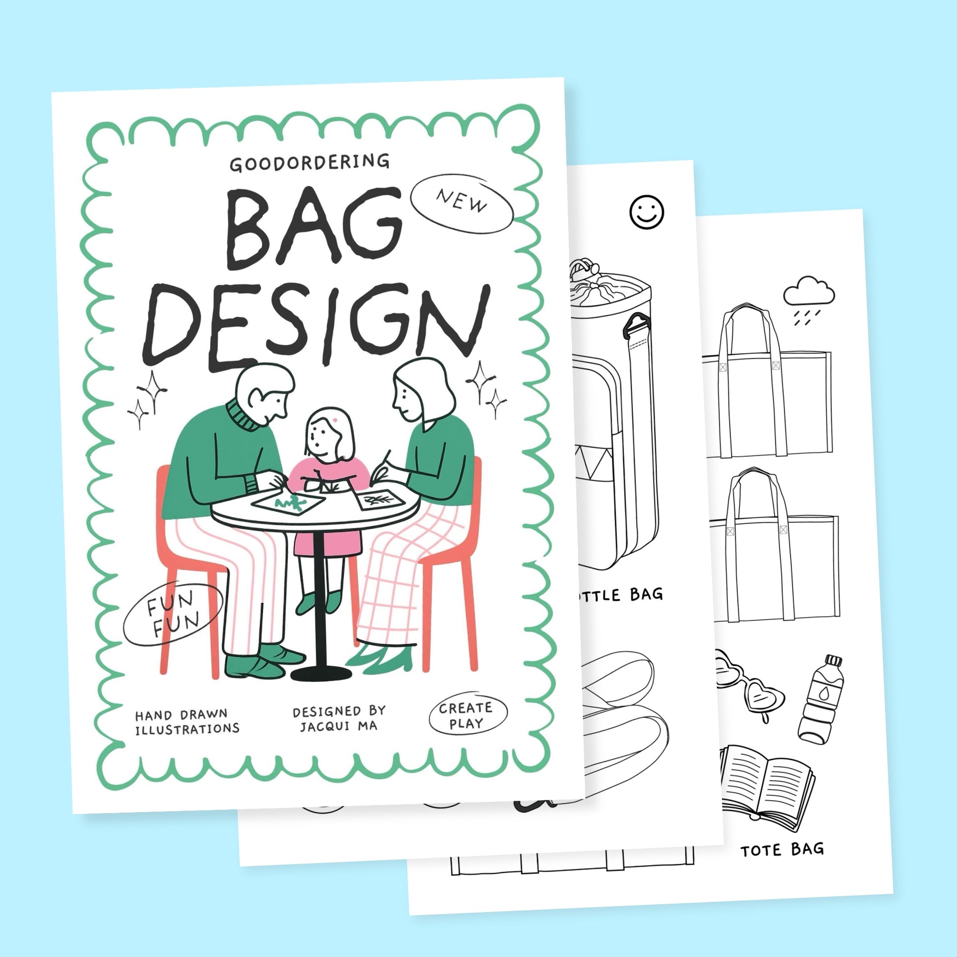 Goodordering Bag Design book with illustrations on a light blue background