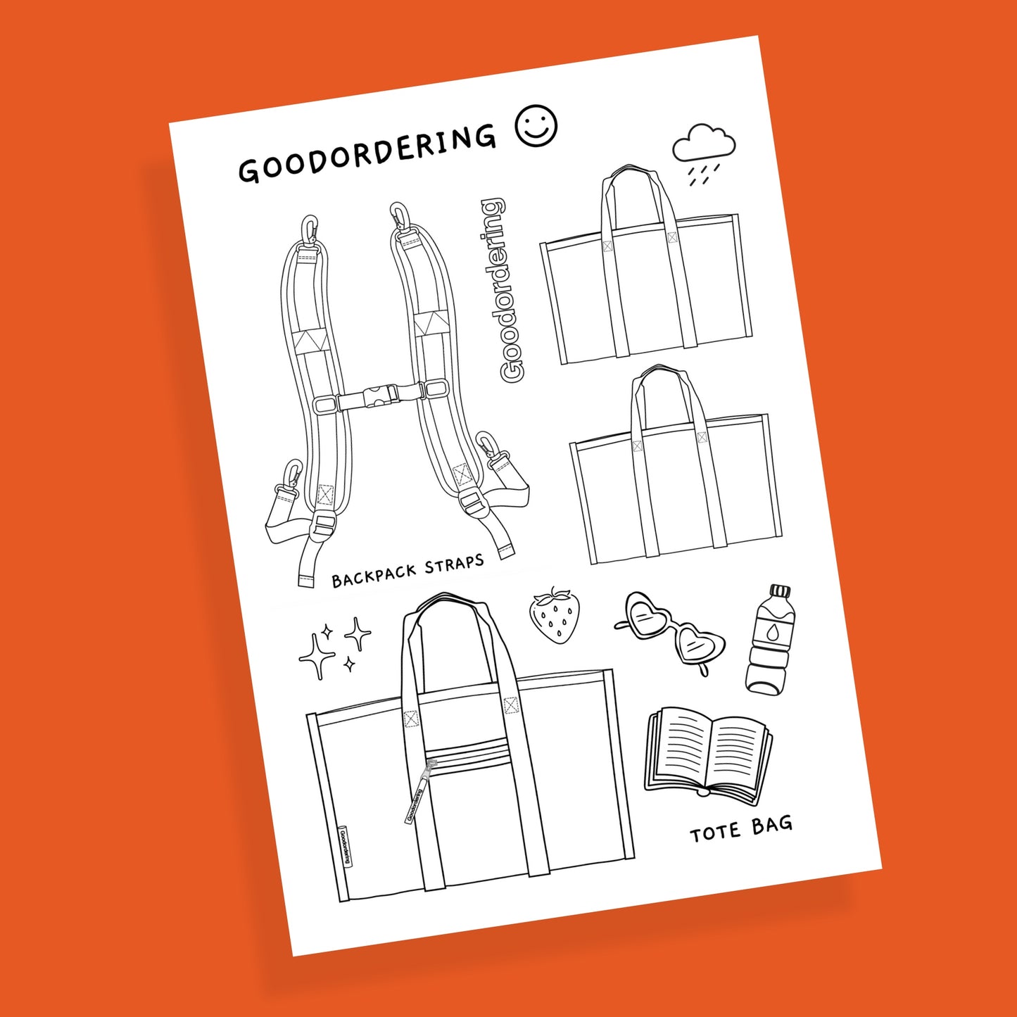 Sheet of black line art illustrations on a white background with 'Goodordering' branding.