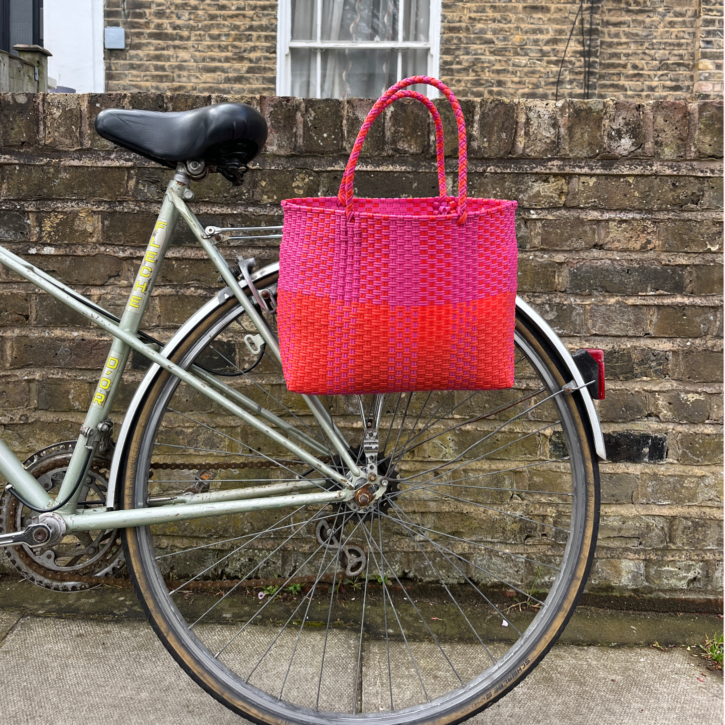 Bicycle Pannier recycled red & orange plastic woven basket tote bag