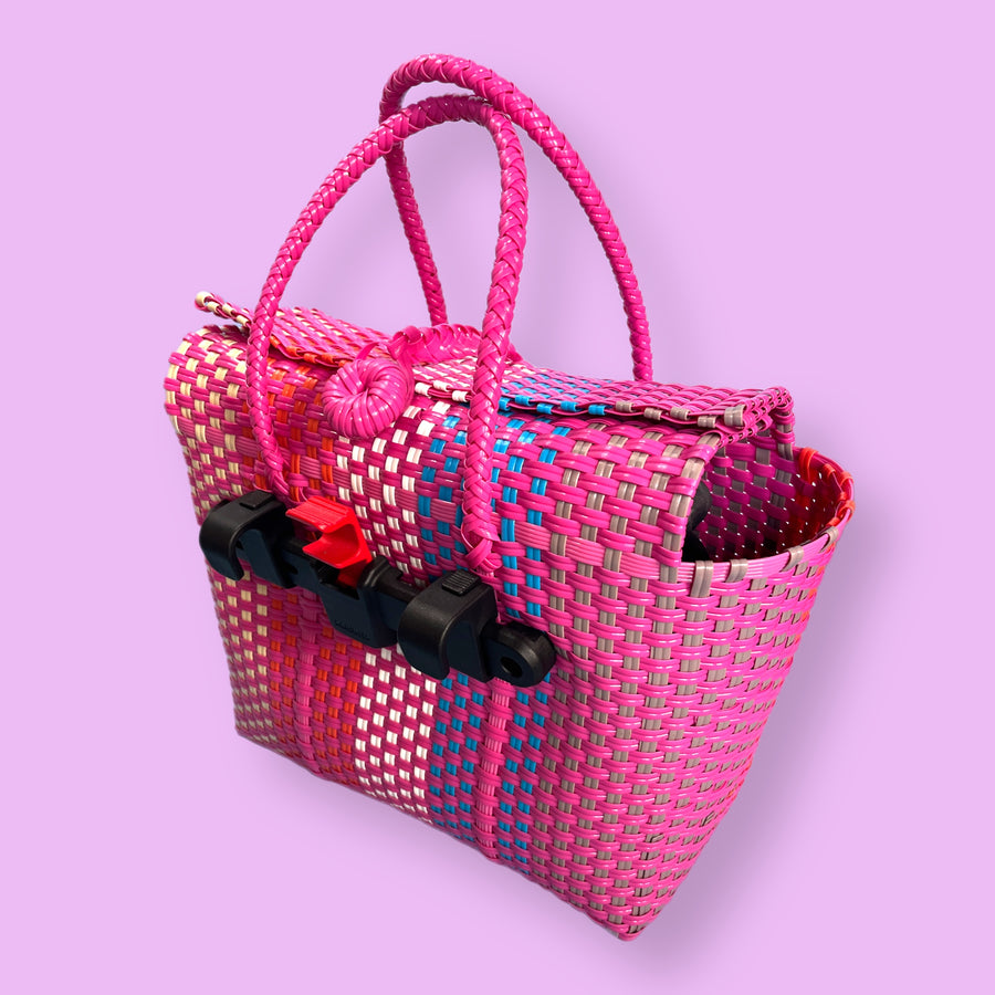 Small Bicycle Pannier recycle pink multi plastic woven basket tote bag ...