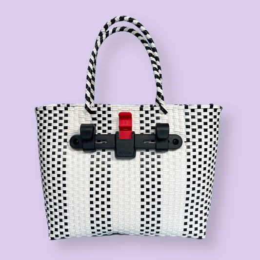 black and white plastic woven bicycle basket pannier