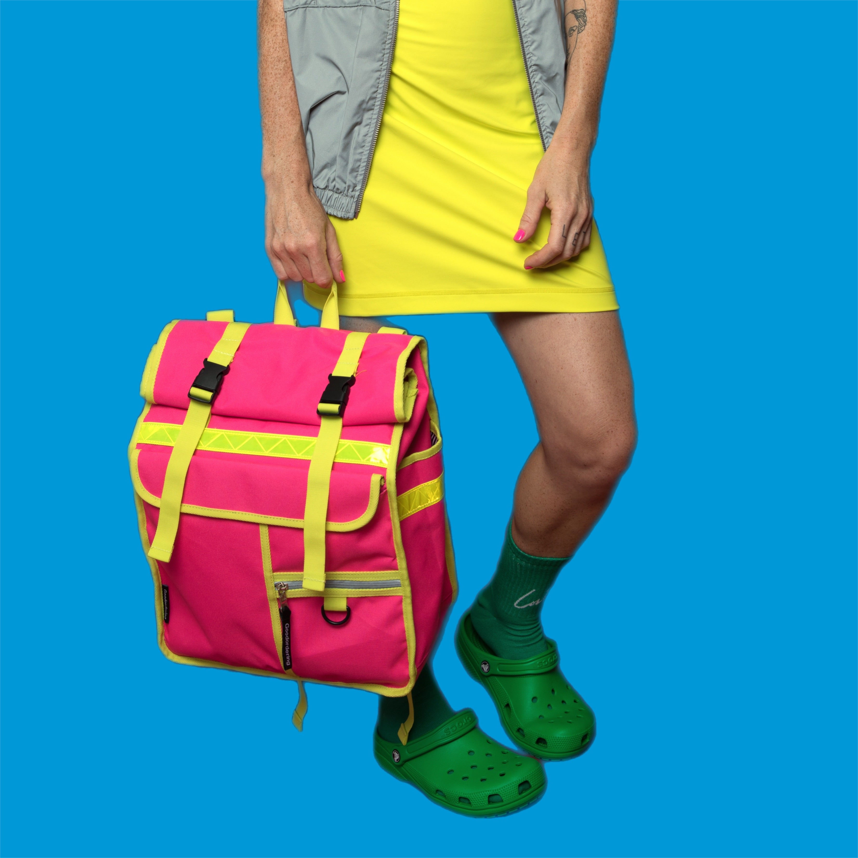 RollTop online Womens Backpack with Neon Pink Geometric Print | Woven Cotton Fabric and Linen