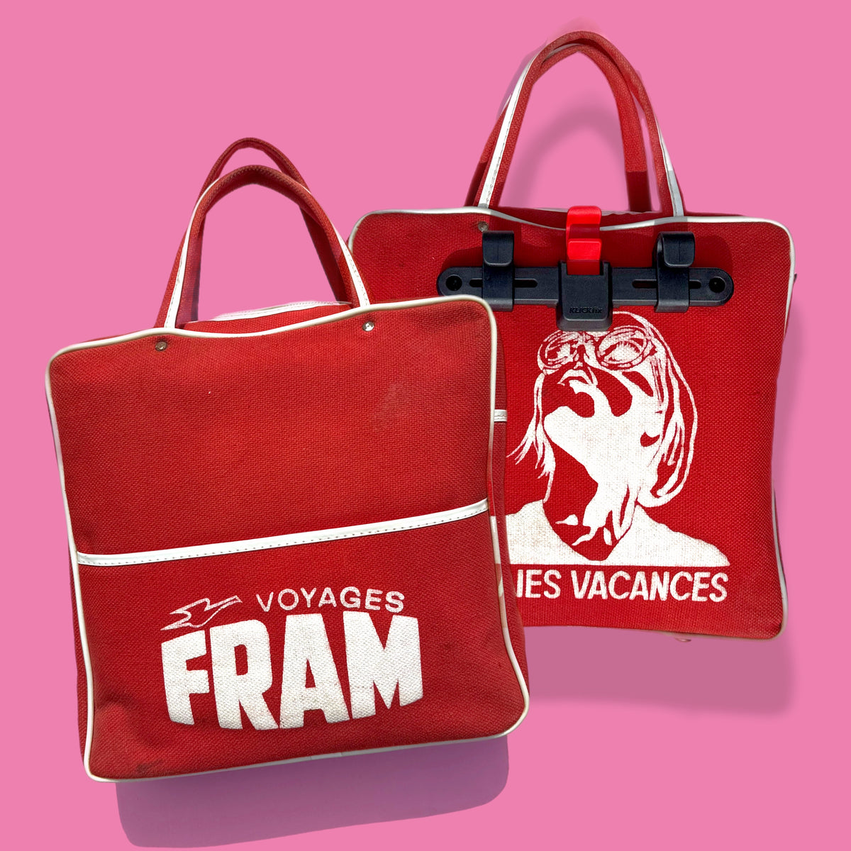 Red vintage canvas tote bike pannier