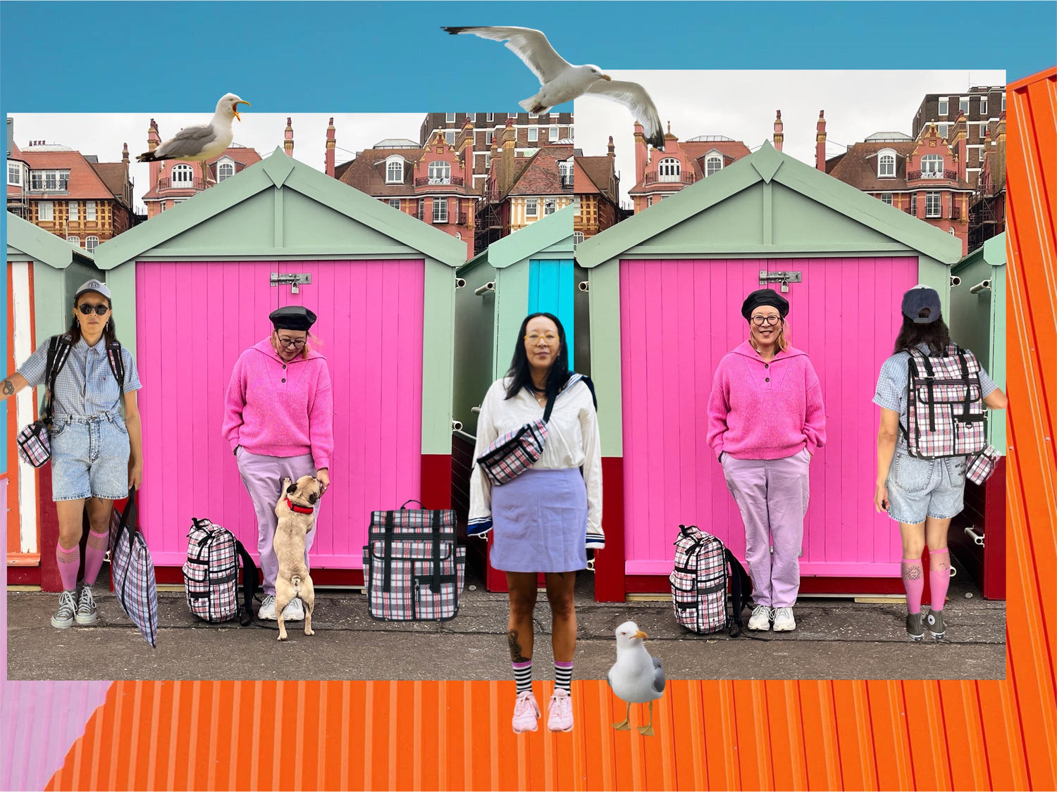 A fashion lifestyle collage featuring four models standing in front of bright pink beach huts with a seagull backdrop. The models are styled in pink and lavender outfits with plaid backpacks, set against a colorful graphic background with orange and blue shapes.