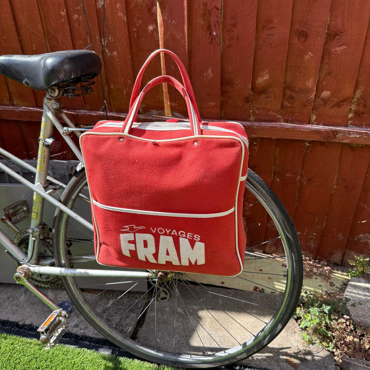 Vintage red canvas pannier bag with Rixen & Kaul bike attachment